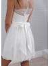 Ivory Lace Slit Back Short Wedding Dress 